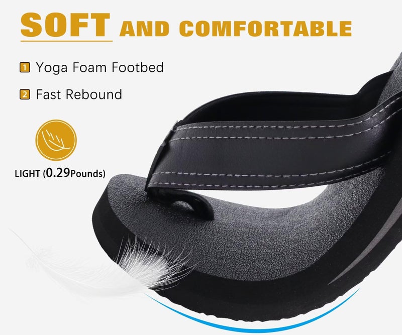 KuaiLu Men's Leather Flip Flops Arch Support Summer Beach Pool Water Thong Sandals Waterproof Rubber Walking Shoes Slip on Orthotic Casual Sport Cushioned Wide Slides Shower Slippers Black Size 10 - Image 3